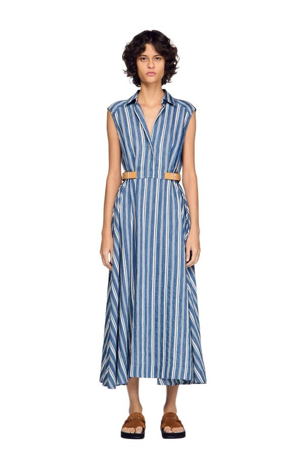 サンドロ レディース ボトムス カジュアルパンツ マキシワンピース レザー マキシ SANDRO Striped maxi dress with leather tablu white ホワイト 64,240円
