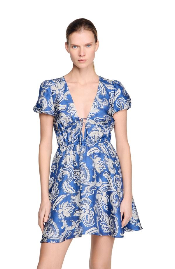 サンドロ レディース トップス ワンピース フラワー柄 プリント フラワー SANDRO Floral print short dress Blue ecru エクリュ