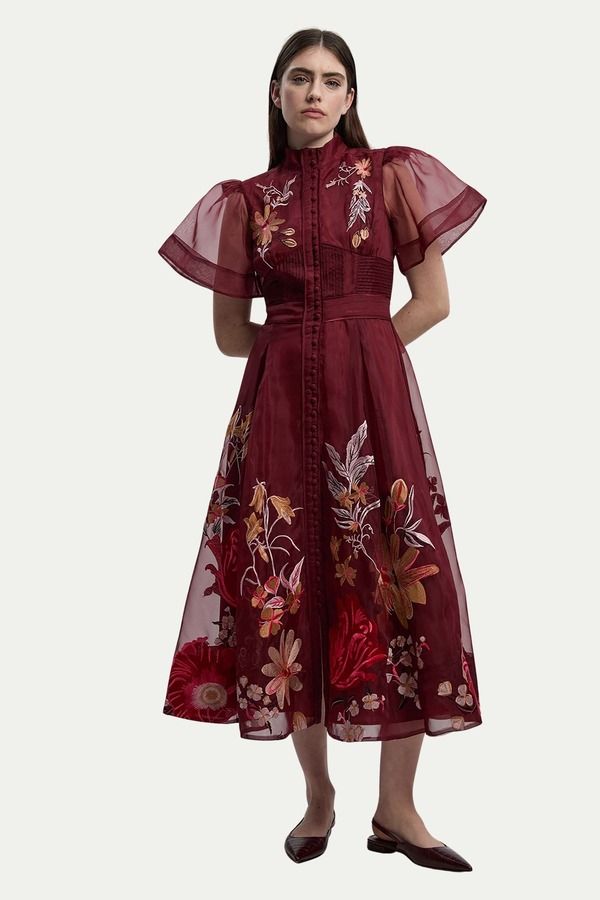 カレンミレン レディース トップス ワンピース ミディ 刺繍 Karen Millen Embroide red Short Sleeve Midi Dress Purple パープル