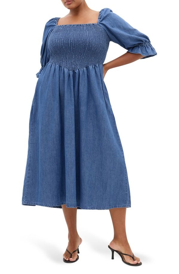 シティーシック レディース ボトムス デニムパンツ プラスサイズ シャーリング City Chic Kaitlyn Smockedenim Dress Plus MID WASH デニム