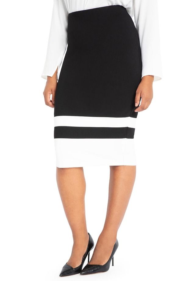 エロクイ レディース ボトムスカート プラスサイズ カラーブロック ELOQUII Colorblock Column Skirt Plus BLACK AND WHITE ホワイト