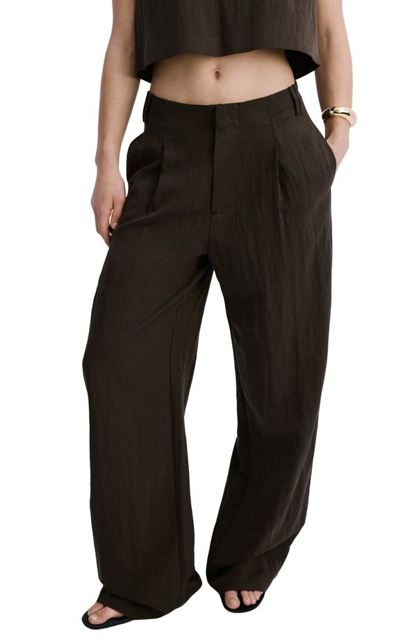 マンゴ レディース ボトムス カジュアルパンツ ストレート プリーツ MANGO Pleated Straight Leg Pants CHOCOLATE チョコレート