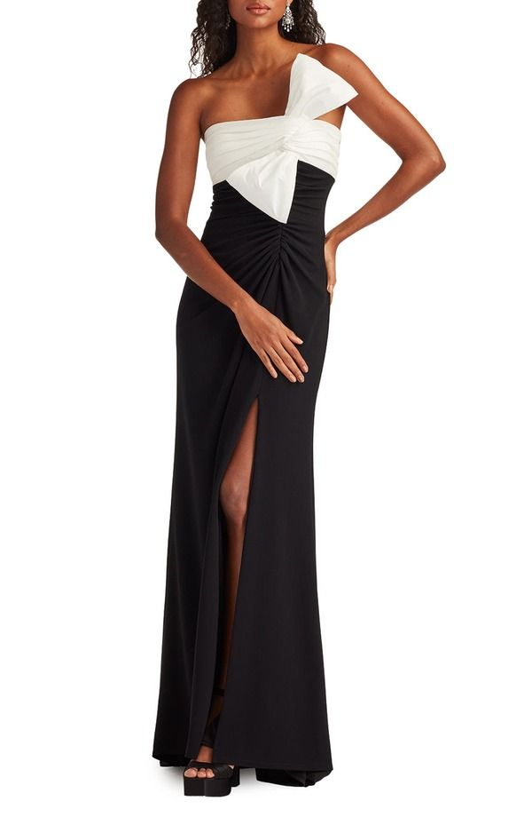 タダシショージ レディース トップス ワンピース ワンショルダー Tadashi Shoji Taffeta Bow OneShoulder Gown BLACK WHITE ホワイト