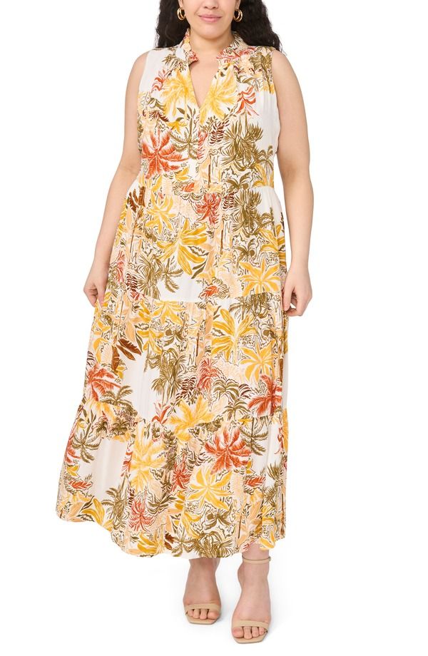 ヴィンスカムート レディース トップス ワンピース ティアード プラスサイズ プリント マキシ Vince Camuto Tropical Print Split Neck Tie red Maxi
