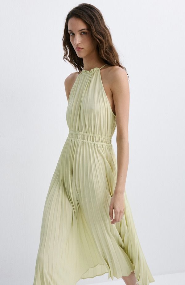 マンゴ レディース トップス ワンピース プリーツ ミディ ホルター MANGO Pleated Halter Neck Midi Dress PASTEL GREEN グリーン