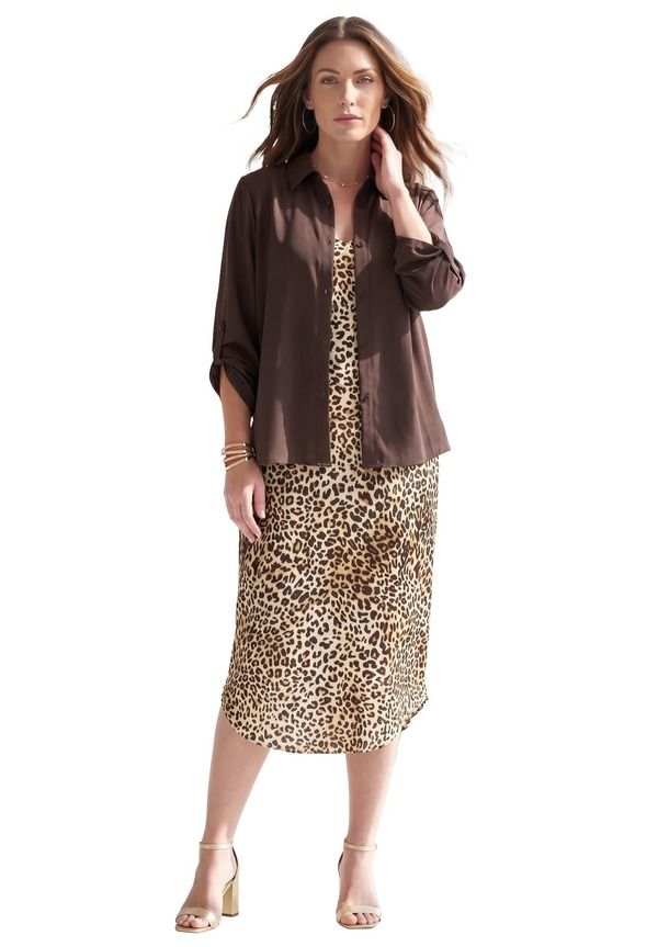 ロアマンズ レディース トップス ワンピース プラスサイズ ジャケット Roamans Roll Tab Jacket Dress Plus Regular NATURAL ANIMAL PRINT
