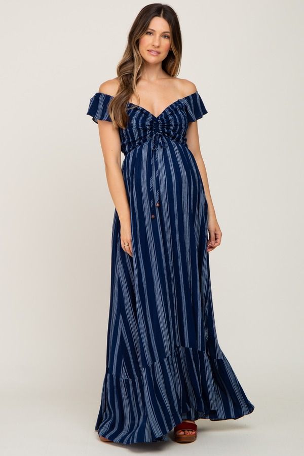 ピンクブラッシュ レディース トップス ワンピース マタニティ マキシ PinkBlush Striped Off Shoulder Frontie Maxi Dress Maternity Navy