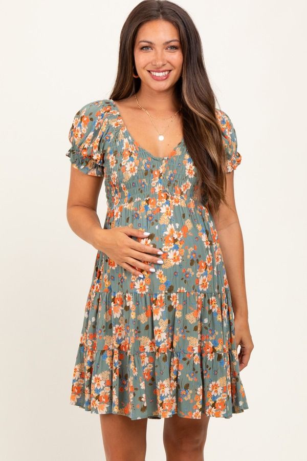 ピンクブラッシュ レディース トップス ワンピース Vネック フラワー柄 シャーリング マタニティ フラワー PinkBlush Floral Smocked VNeck Puff Sleeve Dr