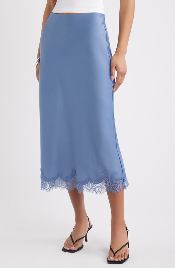 オープンエディット レディース ボトムスカート レーストリム ミディ サテン レース Open Edit Lace Trim Satin Midi Skirt BLUE UMBRA ブルー
