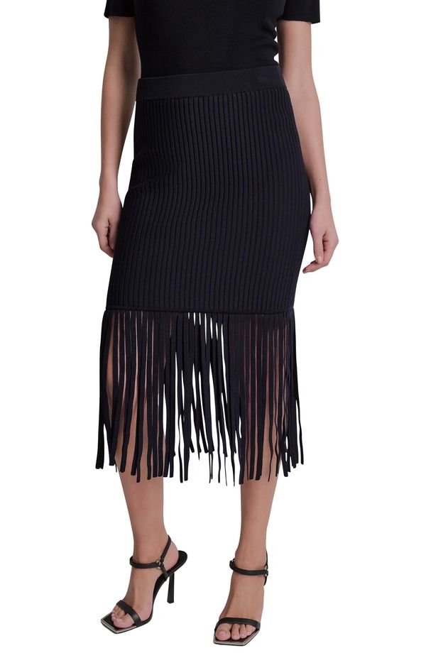 ダナ キャラン ニューヨーク レディース ボトムスカート ミディ フリンジ DKNY Fringe Rib Midi Skirt BLACK ブラック