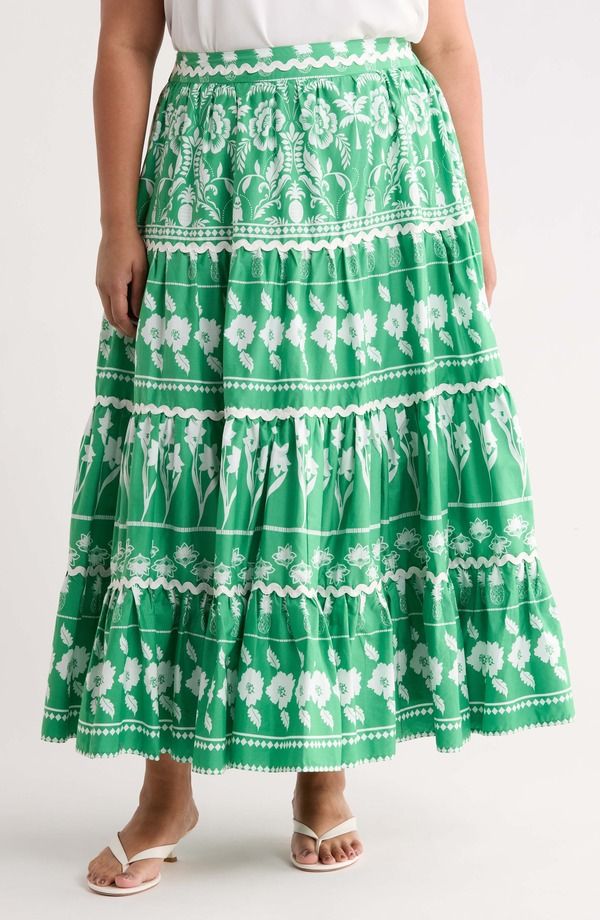 シュガーリップス レディース ボトムスカート プラスサイズ プリント マキシ SUGARLIPS Wave Trimmed Print Maxi Skirt Plus GREENWHITE ホワイト