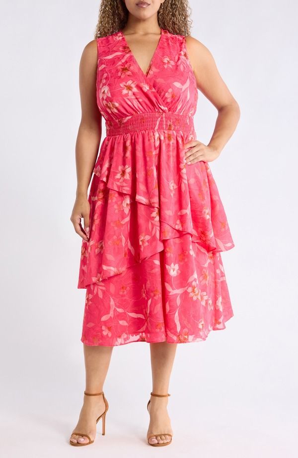 アンクライン レディース トップス ワンピース ティアード プラスサイズ フリル ミディ Anne Klein Tie red Ruffle Midi Dress Plus GRENADINE MUL