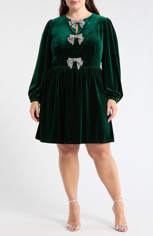 シュガーリップス レディース トップス ワンピース プラスサイズ ベルベット SUGARLIPS Glow Bow Velvet Long Sleeve Dress Plus EMERALD エメラル