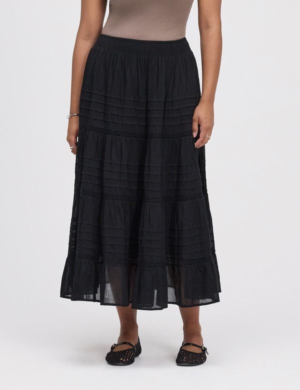ファイナリー ロンドン レディース ボトムスカート ティアード ミディ コットン Finery London Imani Cotton Tie red Midi Skirt Black ブラック