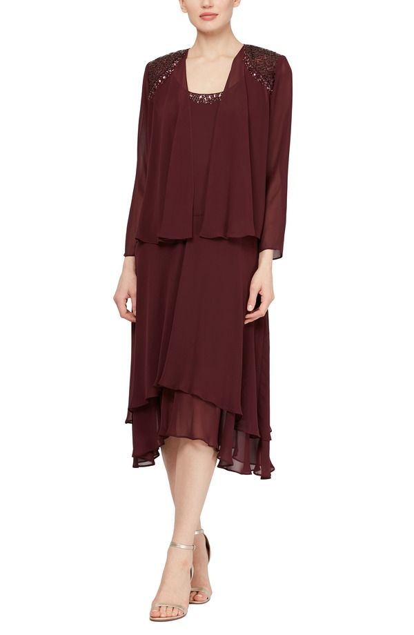 エスエルファッションズ レディース トップス ワンピース シフォン ジャケット SL FASHIONS Beadedetail Chiffon Dress with Jacket FIG