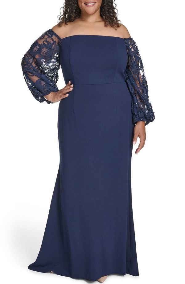 エリザジェイ レディース トップス ワンピース プラスサイズ レース Eliza J Off the Shoulder Lace Long Sleeve Gown Plus NAVY ネイビー