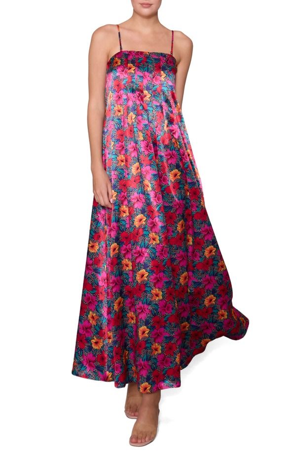 メロデイ レディース トップス ワンピース プリント サテン ノースリーブ マキシ MELLODAY Print Sleevelessatin Maxi Dress BLACK MAGENTA MUL