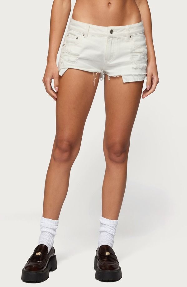 アディクテッド レディース ボトムス デニムパンツ ローライズ ショートパンツ EDIKTEDevin Low Rise Micro Denim Cutoff Shorts WHITE ホワイト
