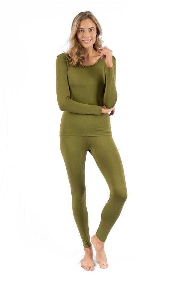 レベレット レディース アンダーウェア ナイトウェア Leveret Womens TwoPiece Thermalong Sleeve Solid Pajamas Olive オリーブ