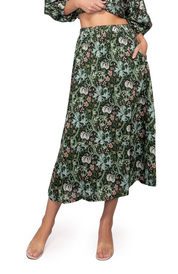 メロデイ レディース ボトムスカート プリント ミディ MELLODAY Print Midi Skirt GREEN MULTI グリーン