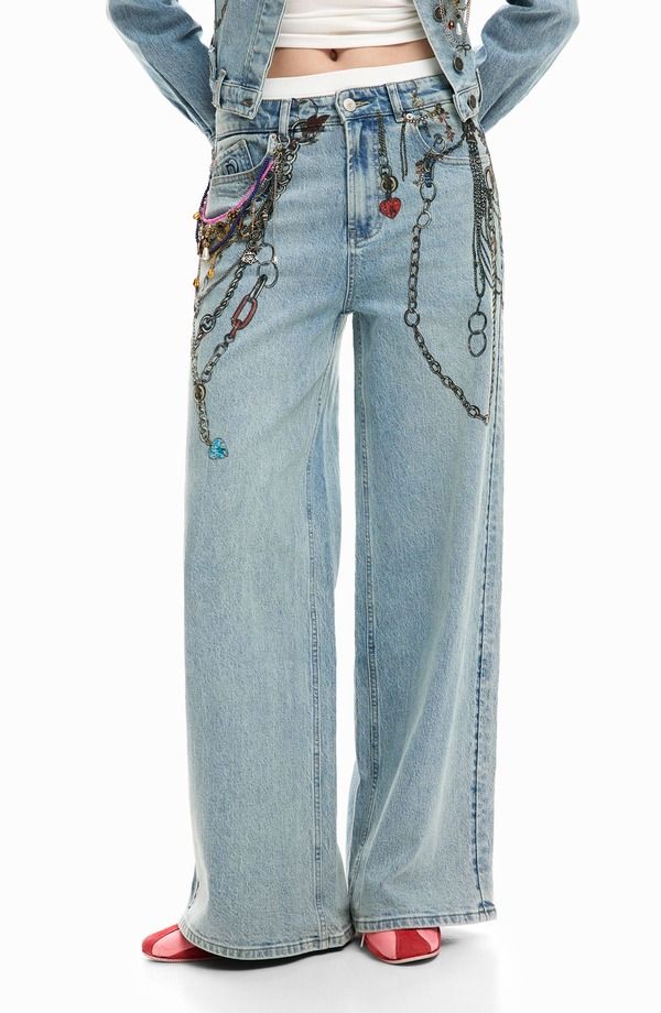 デジグアル レディース ボトムス デニムパンツ ワイドレッグ ジーンズ Desigual Chain Embellished Wide Leg Jeans MEDIUM BLUE ブルー
