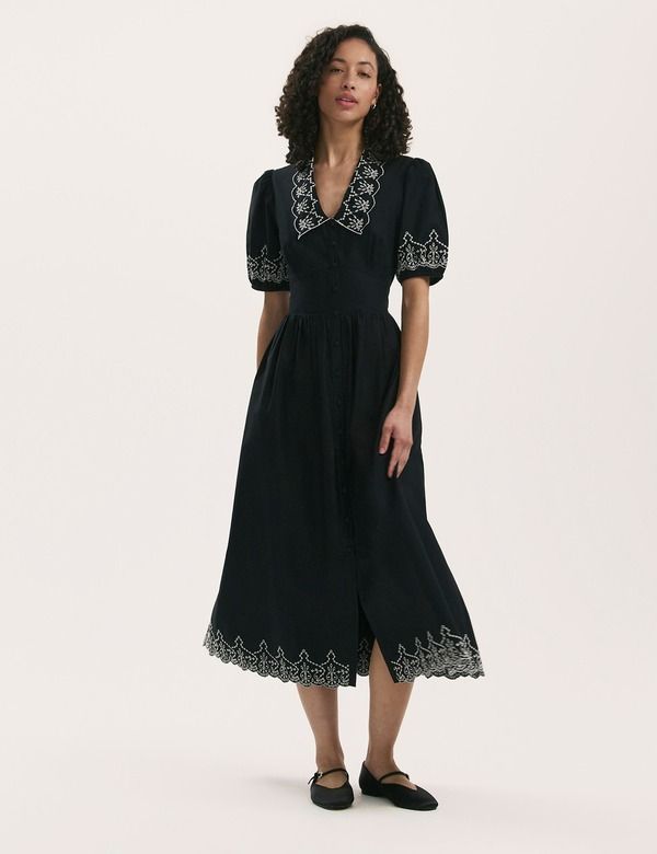 ファイナリー ロンドン レディース トップス ワンピース ミディ コットン 刺繍 Finery London Arianna Embroide red Cotton Midi Dress Black