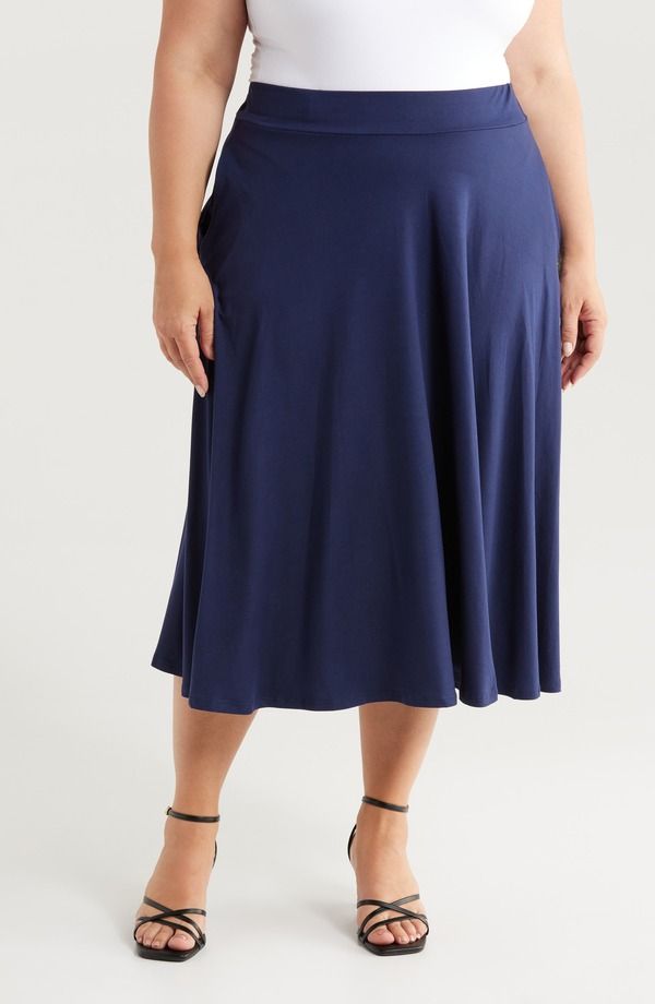 24 セブンコンフォート レディース ボトムスカート プラスサイズ ミディ ジャージー 24seven Comfort Apparel Flowy Jersey Midi Skirt Plus NAV