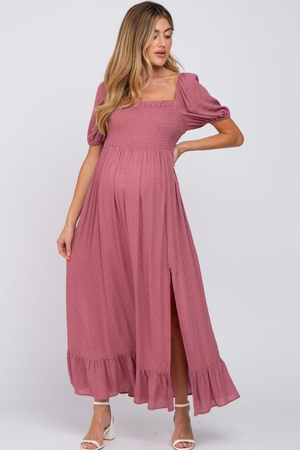 ピンクブラッシュ レディース トップス ワンピース シャーリング マタニティ マキシ PinkBlush Swiss Dot Square Neck Smocked Maxi Dress Matern