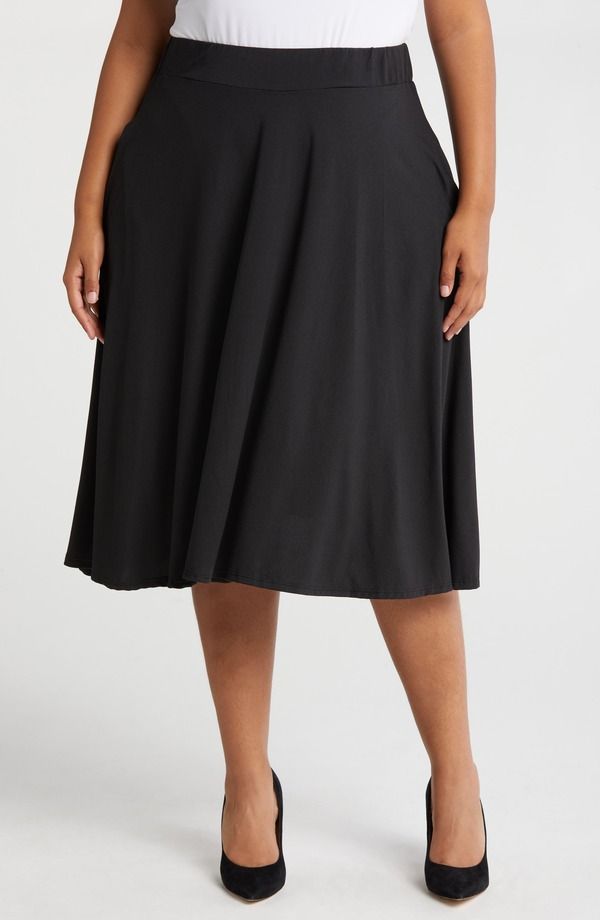 24 セブンコンフォート レディース ボトムスカート プラスサイズ ミディ ジャージー 24seven Comfort Apparel Flowy Jersey Midi Skirt Plus BLA