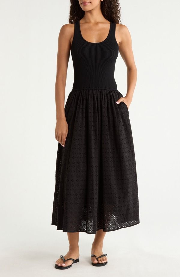 エラン レディース トップス ワンピース マキシ Elan Mixed Media Eyelet Maxi CoverUp Dress BLACK ブラック