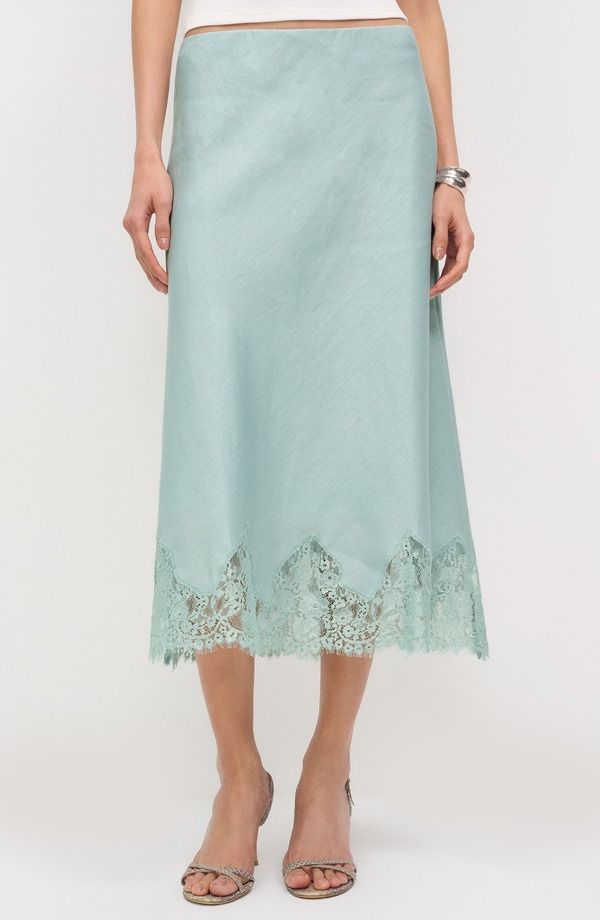 リフォーメーション レディース ボトムスカート レーストリム ミディ レース リネン Reformation Carolina Lace Trim Linen Midi Skirt AQUAMARIN