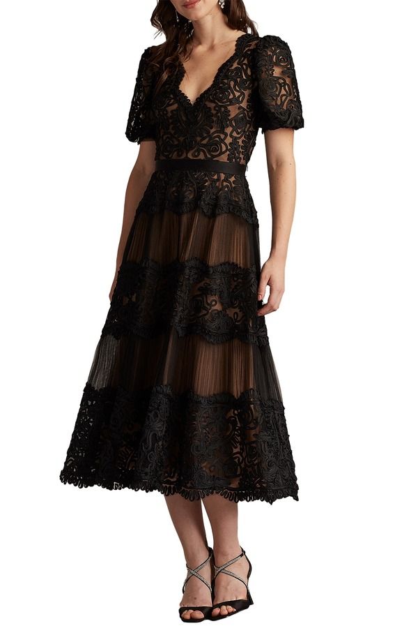 タダシショージ レディース トップス ワンピース レース Tadashi Shoji Soutache Lace Cocktail Dress BLACK NUDE ブラック