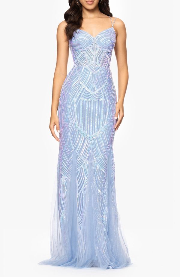 ブロンディナイツ レディース トップス ワンピース メッシュ スパンコール Blondie Nitesequin Corset Mesh Godet Mermaid Gown ICE BLUE ブルー