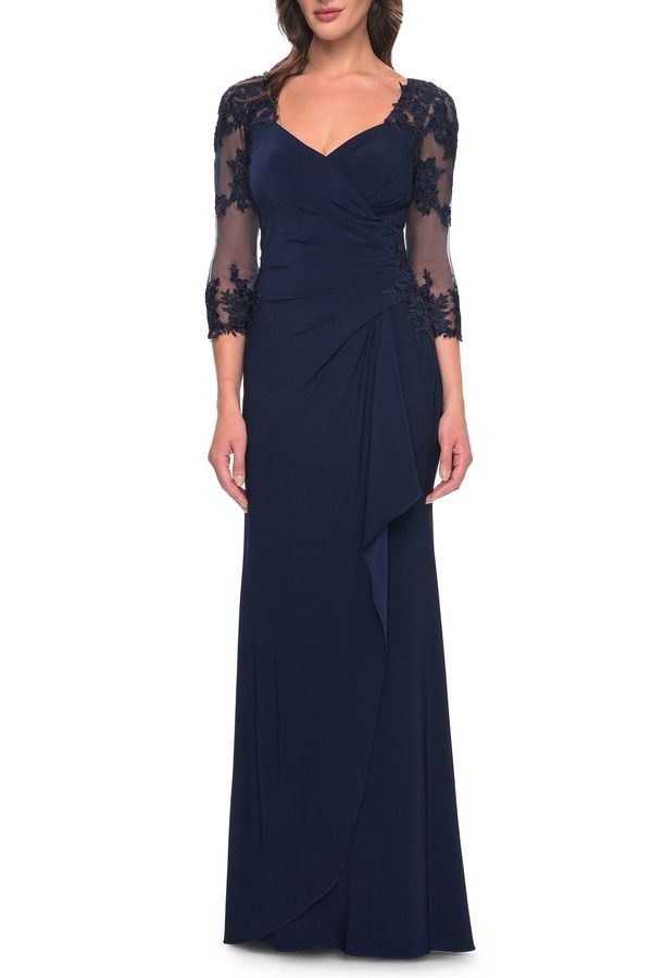ラフェム レディース トップス ワンピース レース ジャージー La Femme Lace and Net Jersey Gown with Illusion Sleeves Navy ネイビー