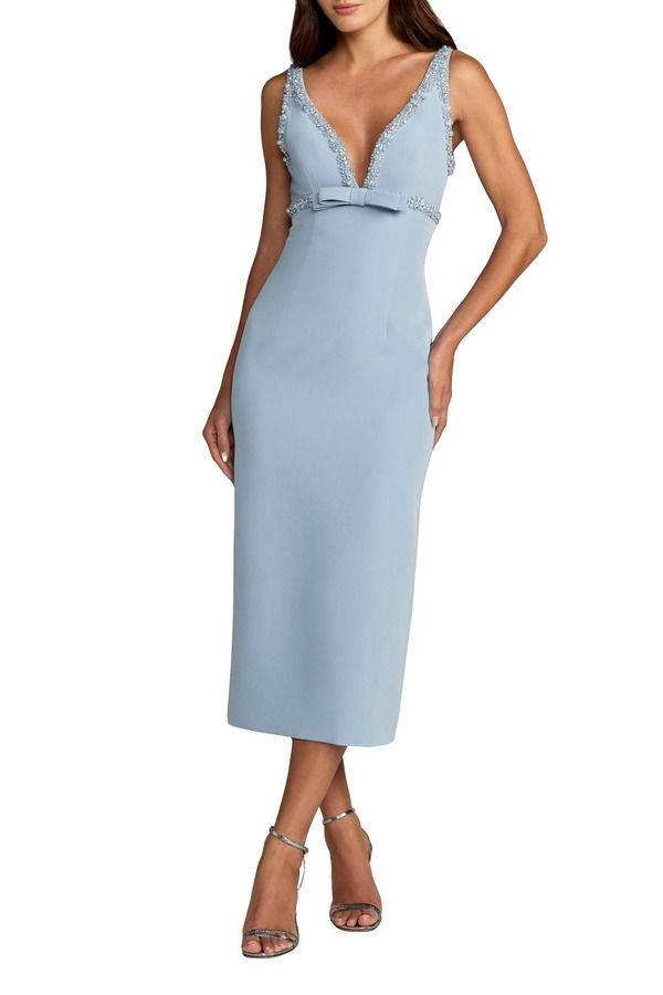 マックダガル レディース トップス ワンピース Vネック ミディ Mac Duggal Plunging Beaded Bow Trim V Neck Fitted Midi Dress Periwi