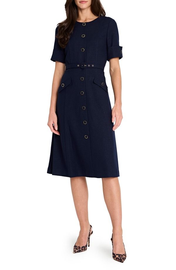 タハリエーエスエル レディース トップス ワンピース プチ トール Tahari ASL Belted Metallic Boucl Dress Petite NAVY ネイビー