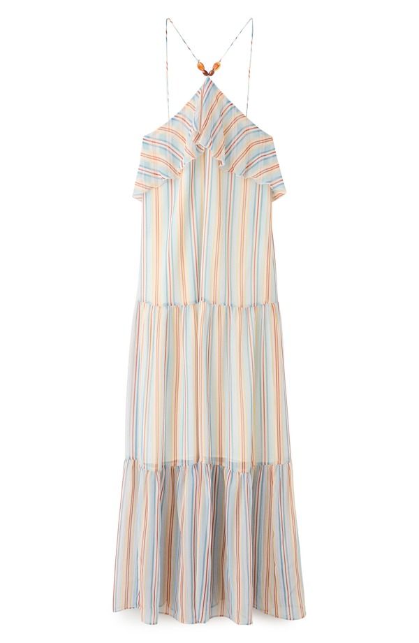 マンゴ レディース トップス ワンピース シフォン フリル ベスト マキシ MANGO Vestido Hannah Stripe Ruffle Chiffon Maxi Dress BLUE ブルー