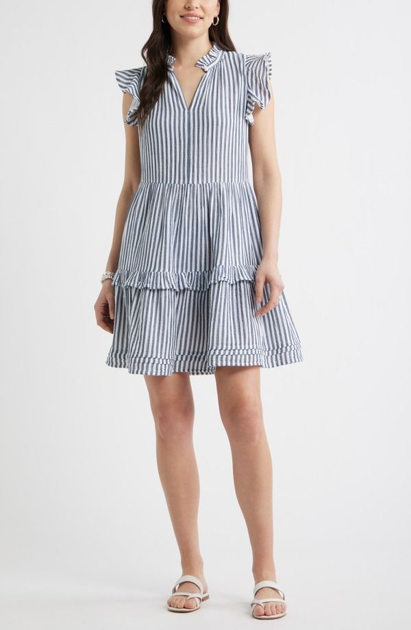 キャスロン レディース トップス ワンピース フリル コットン Caslon Ruffle Duo Cotton Gauze Dress NAVY WHITE BRIANNE STRIPE ホワイト 14,896円