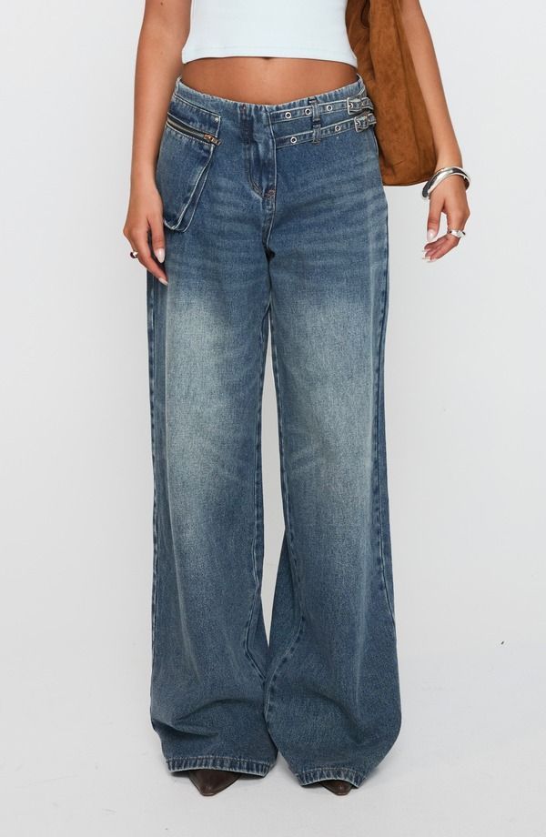 プリンセスポリー レディース ボトムス デニムパンツ ワイドレッグ ジーンズ Princess Polly Platrowide Leg Cargo Jeans MID BLUE WASH ブルー