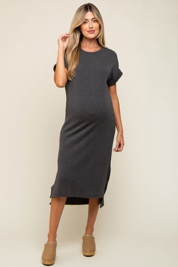 ピンクブラッシュ レディース トップス ワンピース リブ ミディ マタニティ PinkBlush Ribbed Short Sleeve Midi Dress Maternity Charcoal G