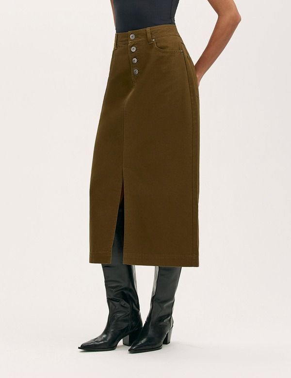 ファイナリー ロンドン レディース ボトムスカート ミディ コットン Finery London Beth Cotton ButtonFront Midi Skirt Khaki カーキ