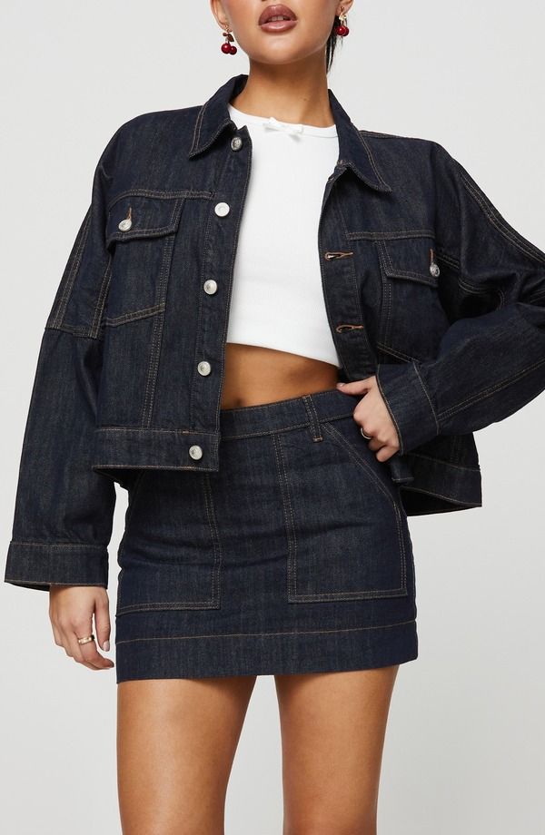 プリンセスポリー レディース ボトムス デニムパンツ ジャケット Princess Polly Hughes Boxy Crop Denim Jacket DARK BLUE ブルー