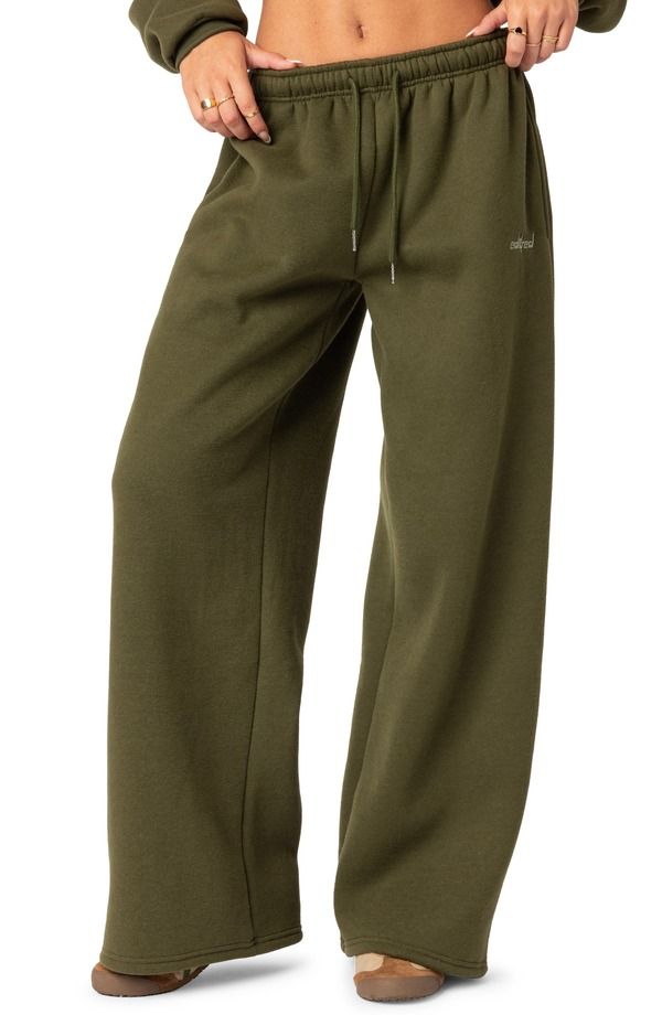 アディクテッド レディース ボトムス カジュアルパンツ ワイドレッグ スウェットパンツ EDIKTED Breanna Wide Leg Sweatpants OLIVE オリーブ