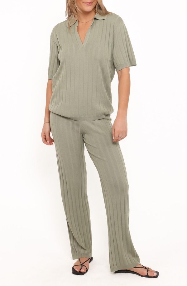 ペタルアンドパップ レディース ボトムス カジュアルパンツ ワイドレッグ ポロシャツ Petal Pup Yulissa Rib Polo Top Wide Leg Pants KHAKI GREEN