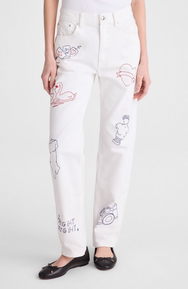 メイドウェル レディース ボトムス デニムパンツ 刺繍 ジーンズ Madewell Embroide red Slim Boyfriend Jeans TILE WHITE ホワイト
