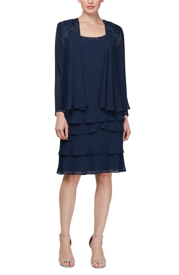 エスエルファッションズ レディース トップス ワンピース ティアード シフォン ジャケット SL FASHIONSLNY Tie red Chiffon Cocktail Dress with Jac