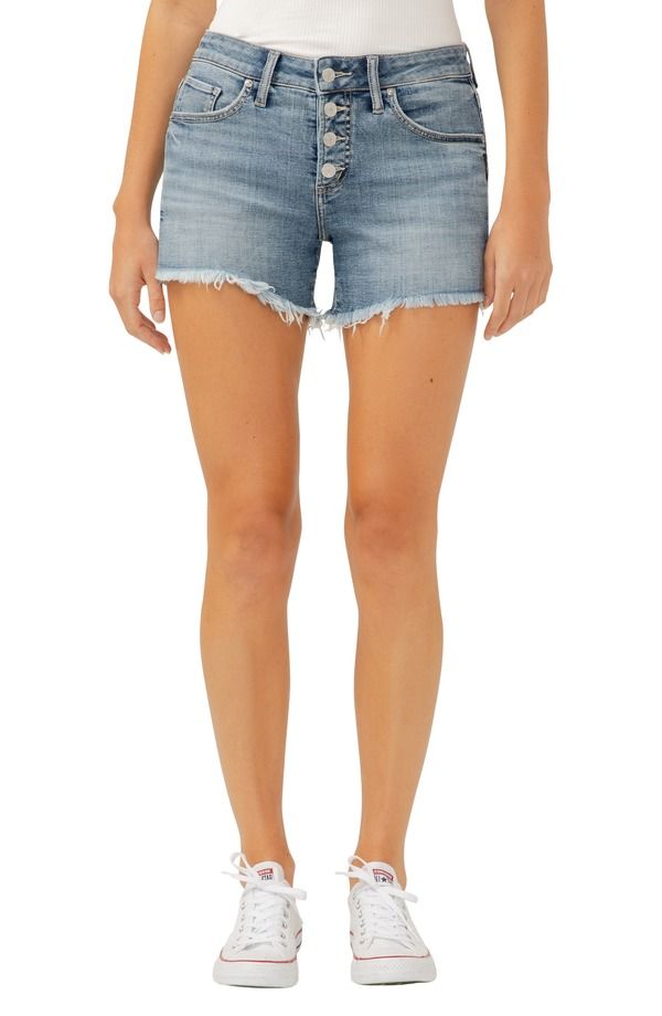 シルバー ジーンズ レディース ボトムス デニムパンツ ショートパンツ Silver Jeans Co Curvy Frayed Exposed Button Denim Boyfriend Shor