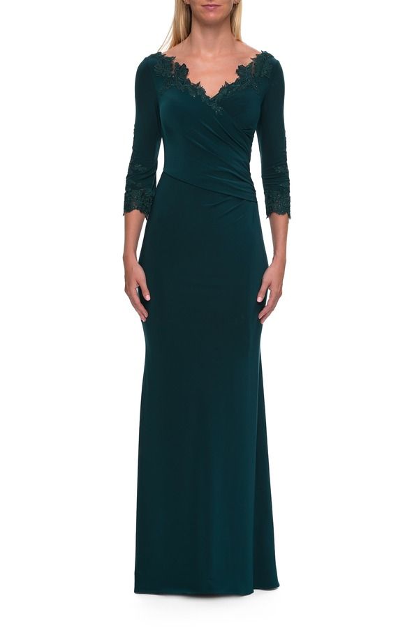 ラフェム レディース トップス ワンピース Vネック レーストリム レース La Femme VNeck Lace Trim Gown withreeQuarter Sleeves Emerald エ
