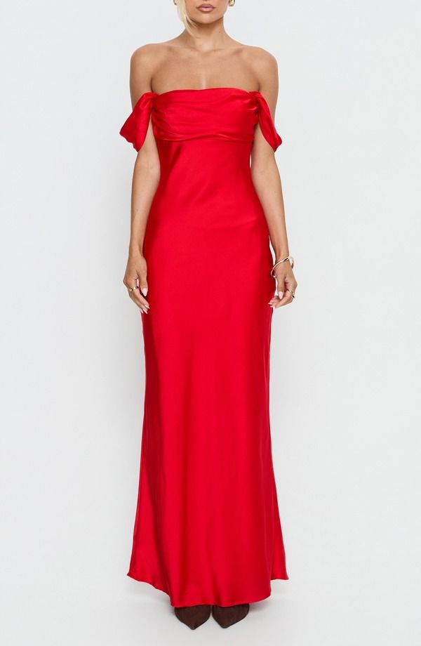 プリンセスポリー レディース トップス ワンピース サテン Princess Polly Azura Off the Shoulder Satin Gown RED レッド