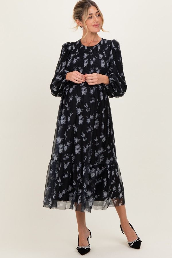 ピンクブラッシュ レディース トップス ワンピース フラワー柄 メッシュ ミディ シャーリング マタニティ フラワー PinkBlush Floral Mesh Smocked Midi Dress